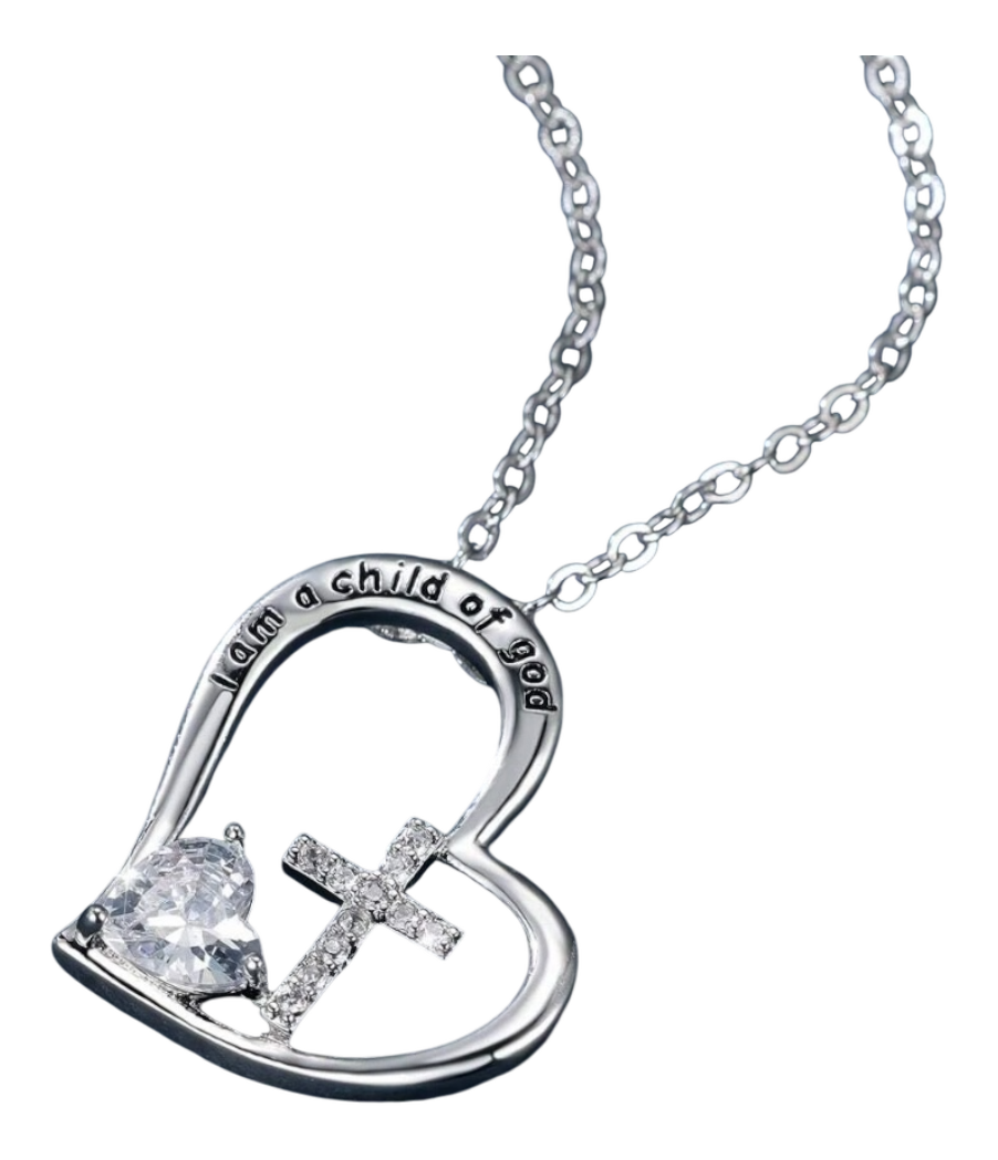 Vintage Heart Cross Luxury Pendant Necklace "I am a Child of God "Necklace