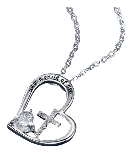 Vintage Heart Cross Luxury Pendant Necklace "I am a Child of God "Necklace