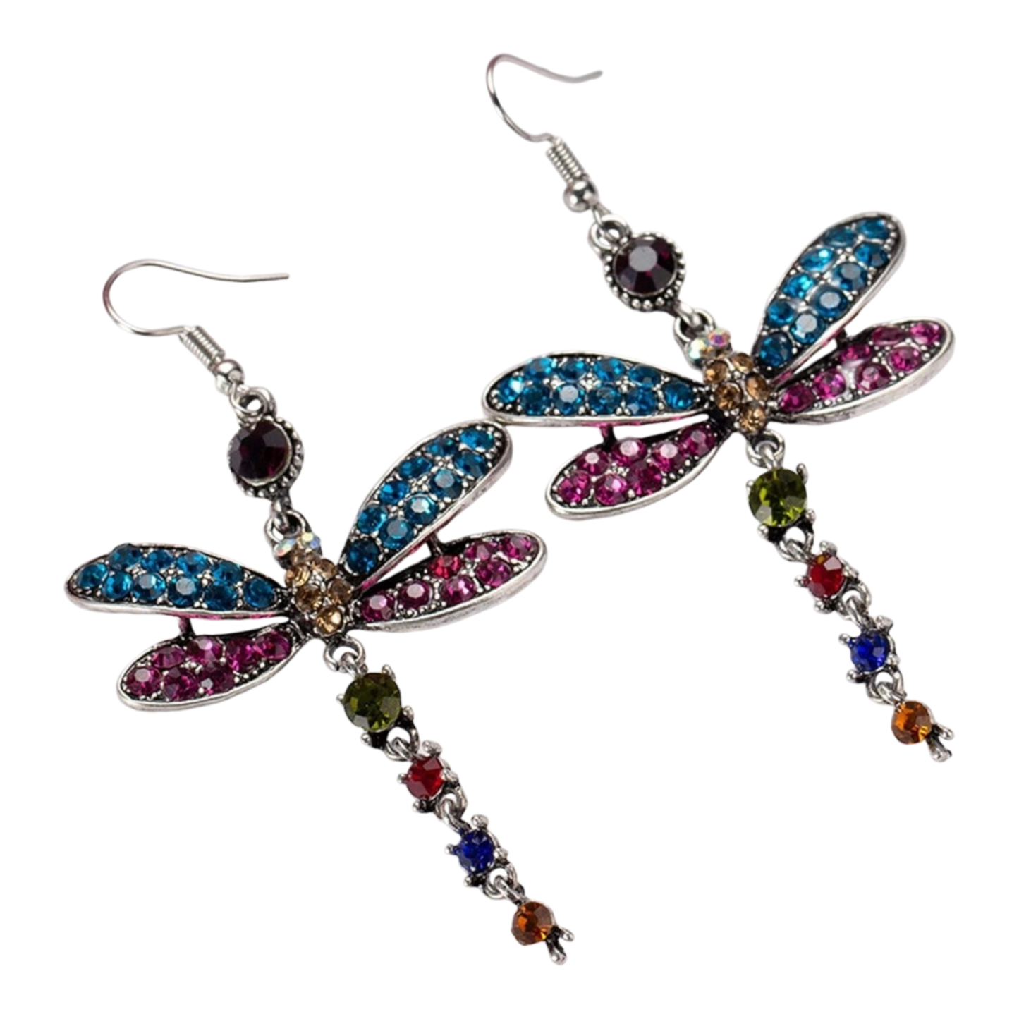 Multi colored Rhinestone Dragonfly Drop Earrings