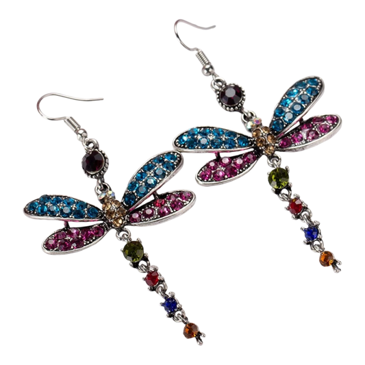 Multi colored Rhinestone Dragonfly Drop Earrings