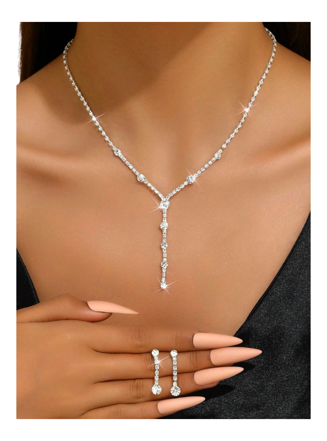 Cz Rhinestone Women's Earrings And Necklace Drop Set