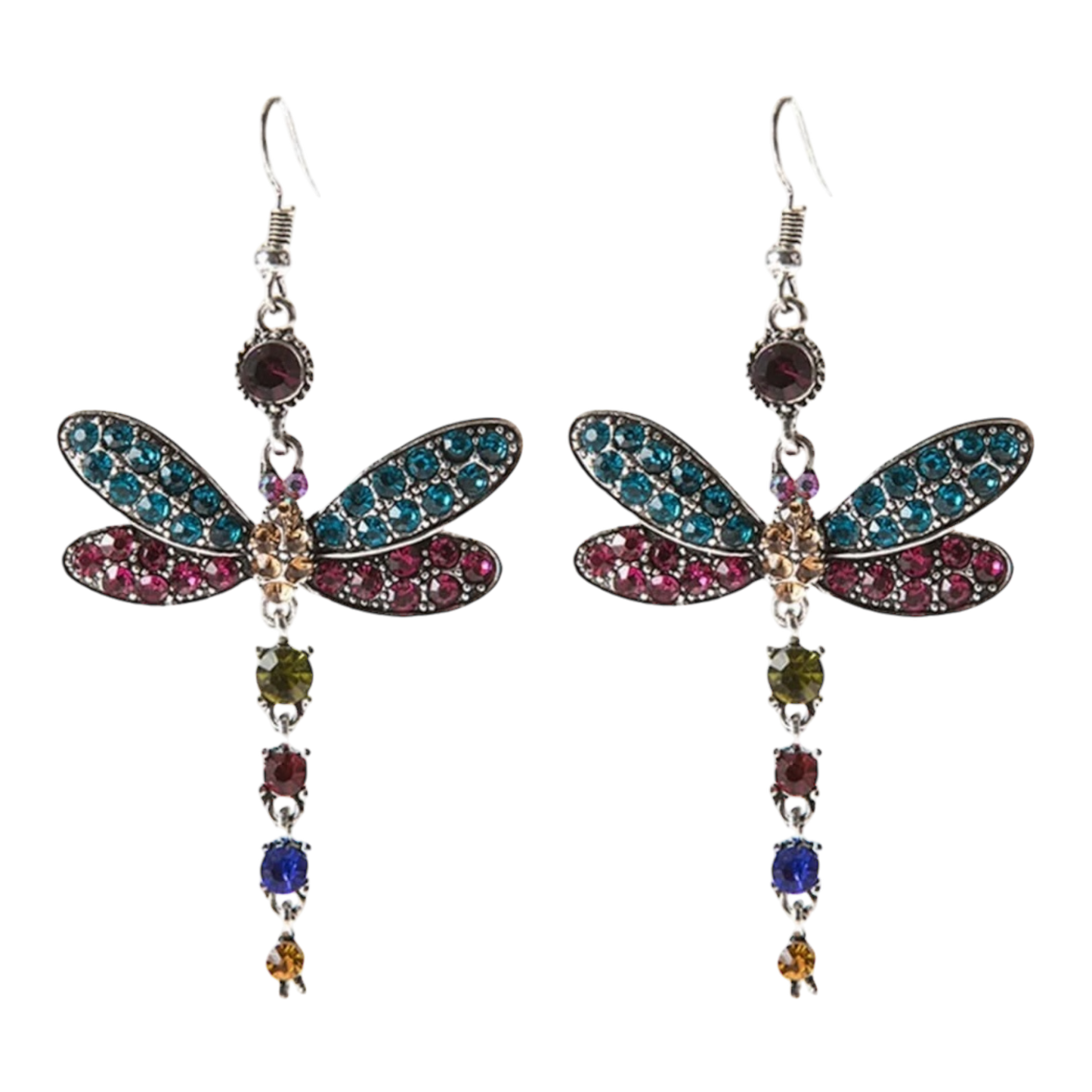 Multi colored Rhinestone Dragonfly Drop Earrings